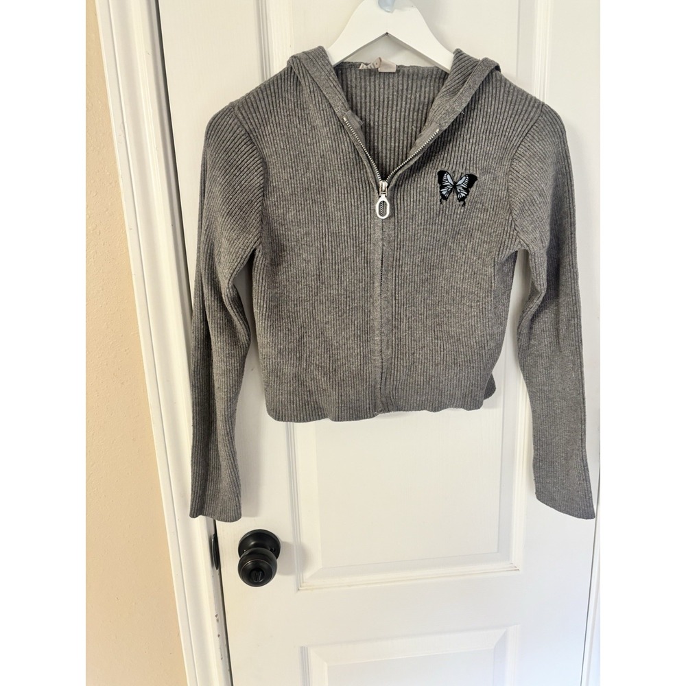 Y2K Olive Avenue Coquette Cropped Ribbed Zip Up Hoodie Butterfly Grey Womens M